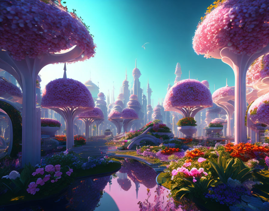 Vibrant oversized mushrooms in fairytale landscape with reflective river