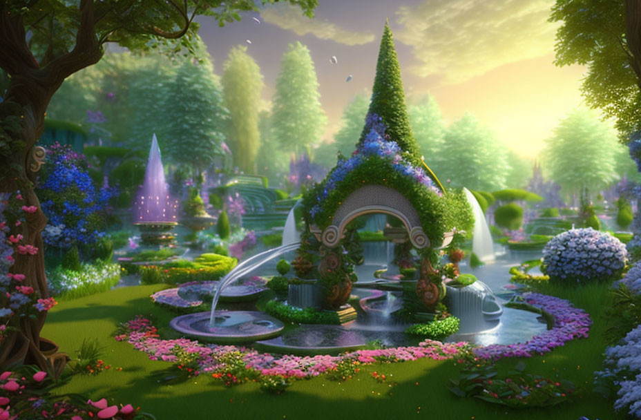 Whimsical garden scene with archway, flowers, fountains, and serene pond