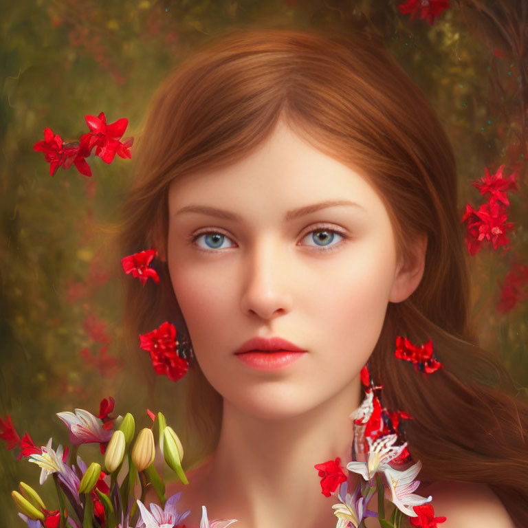 Red-haired woman with blue eyes in nature surrounded by red flowers.