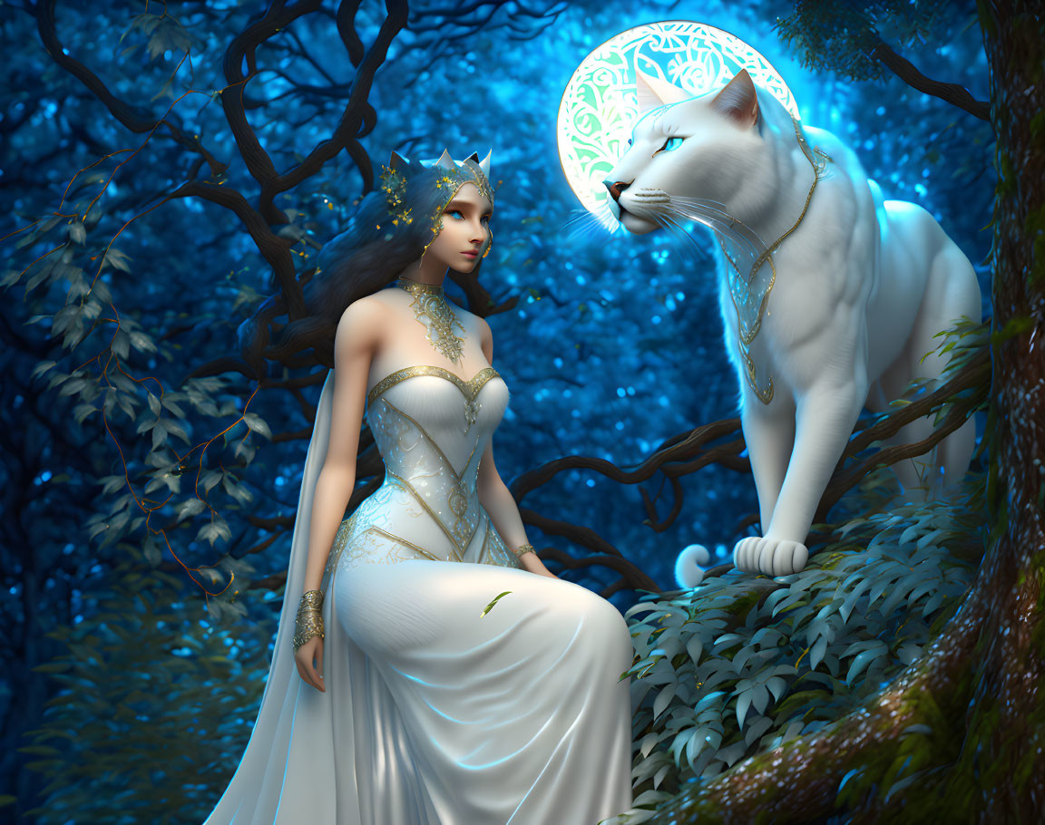 Regal woman in white gown with mystical white cat in enchanted forest