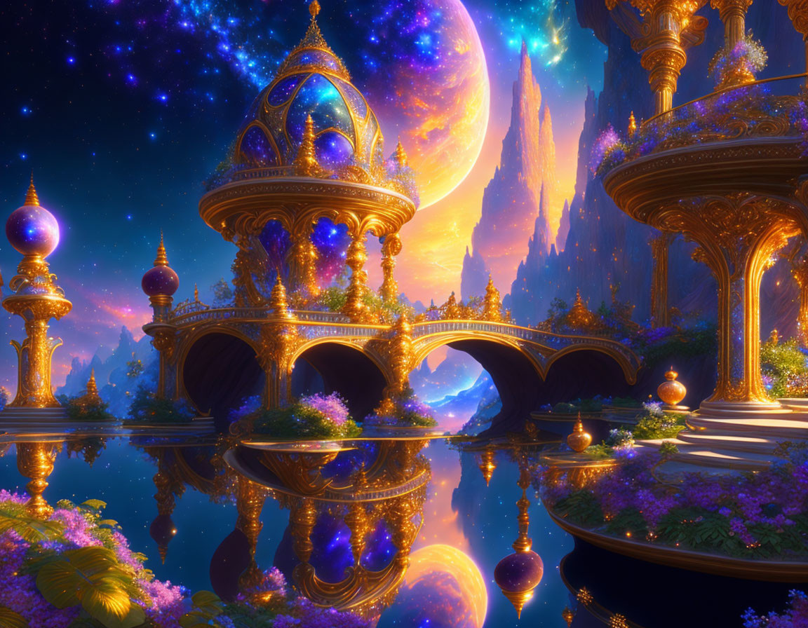 Fantastical landscape with golden bridges, lush vegetation, and starry sky.