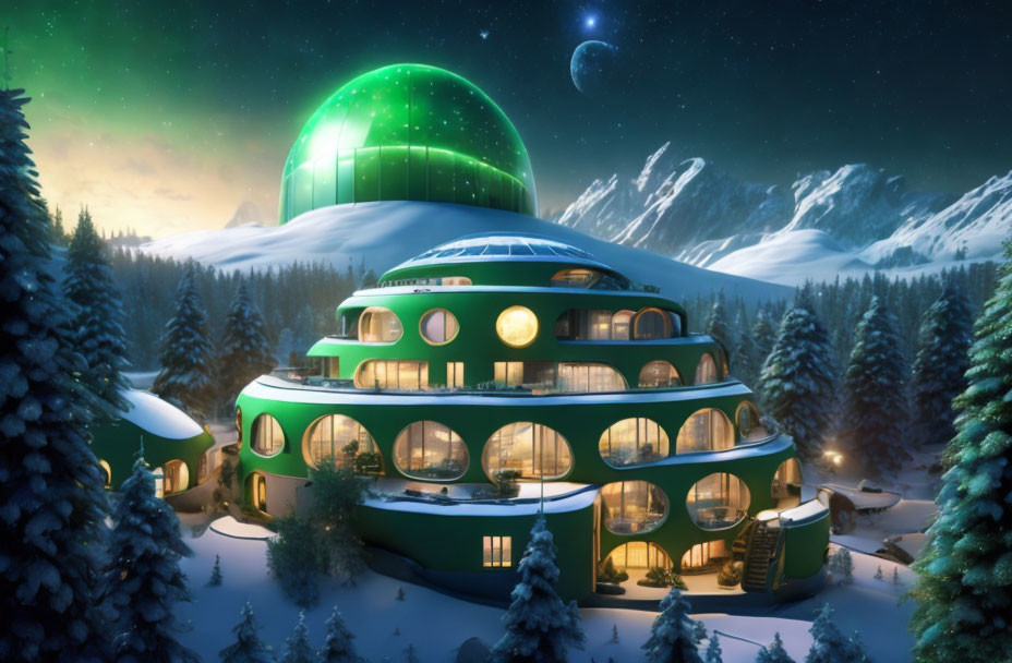 Snowy Landscape: Dome Building in Night Sky