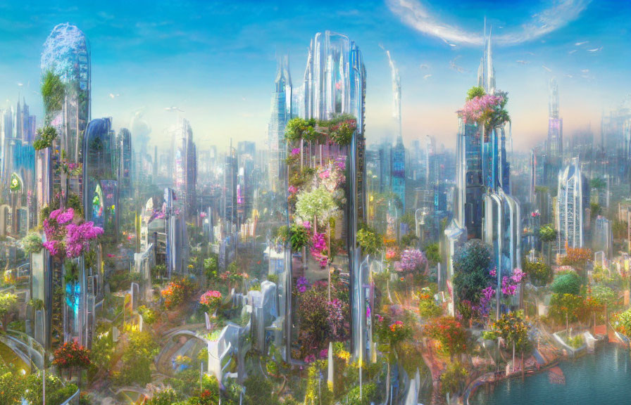 Futuristic cityscape with lush greenery, skyscrapers, and bridges