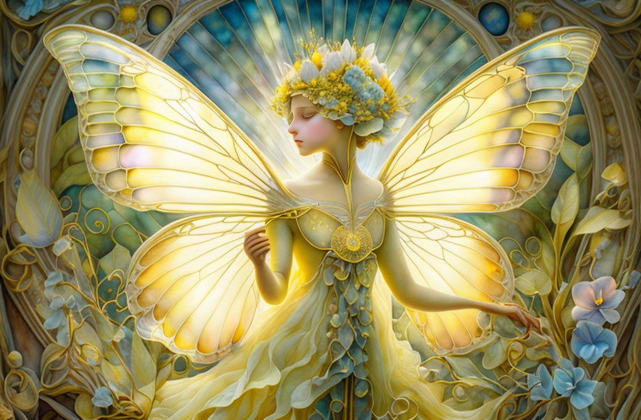 Ethereal fairy with yellow wings and flower crown in ornate background