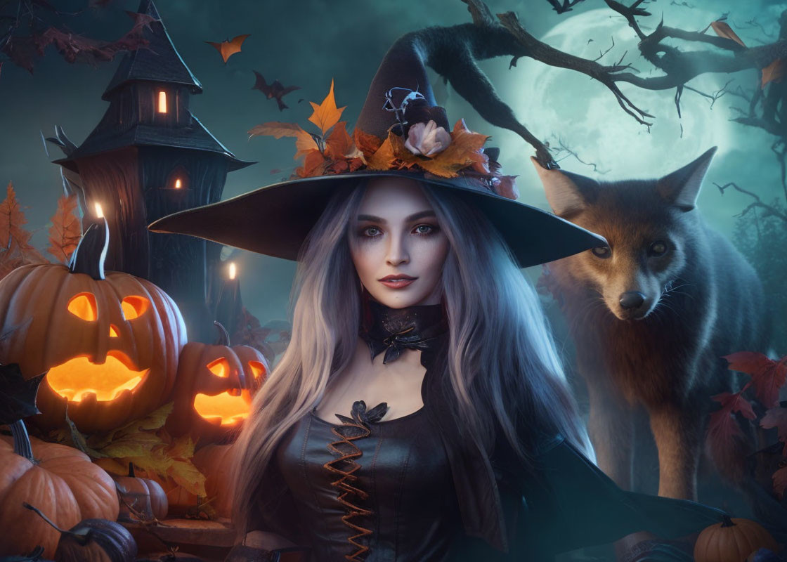 Woman in witch costume with fox among jack-o'-lanterns and haunted house.