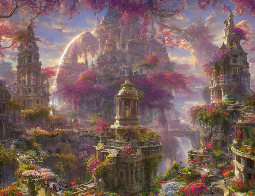 Ethereal fantasy cityscape with lush ruins and pink foliage