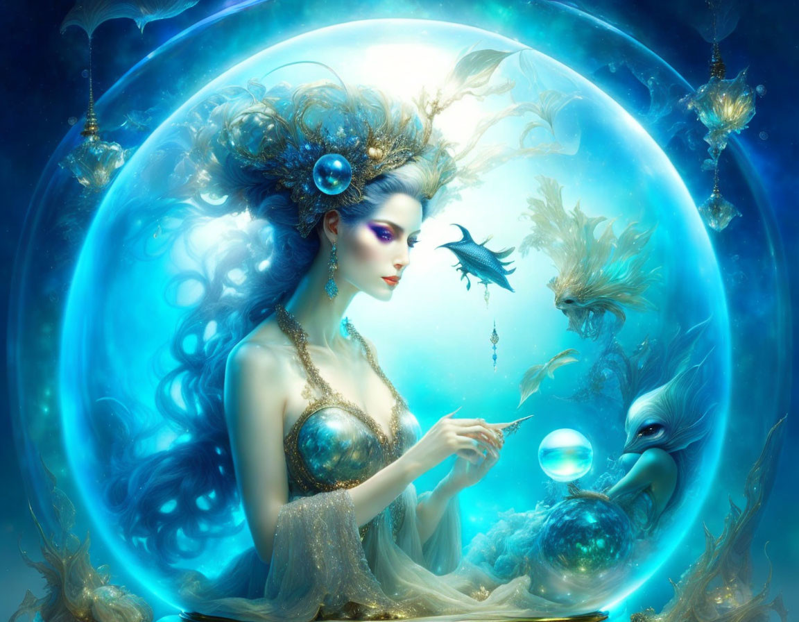 Ethereal woman with glowing orbs in underwater fantasy scene