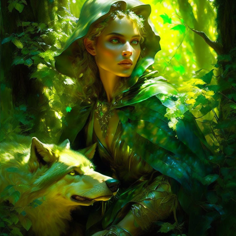 Fantasy illustration of an elf woman with a wolf in a green cloak