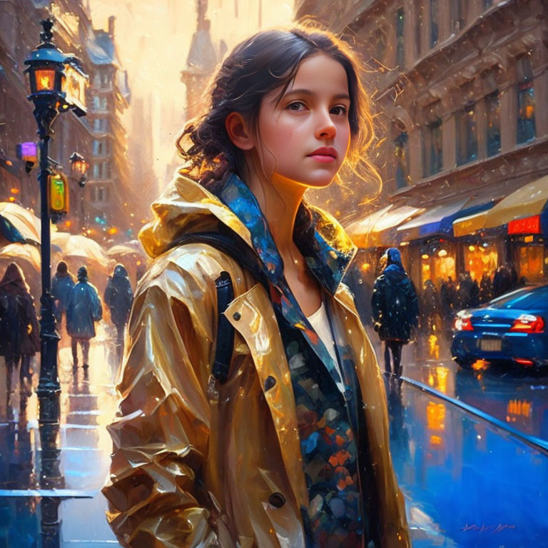 Young woman in yellow raincoat on city street at dusk