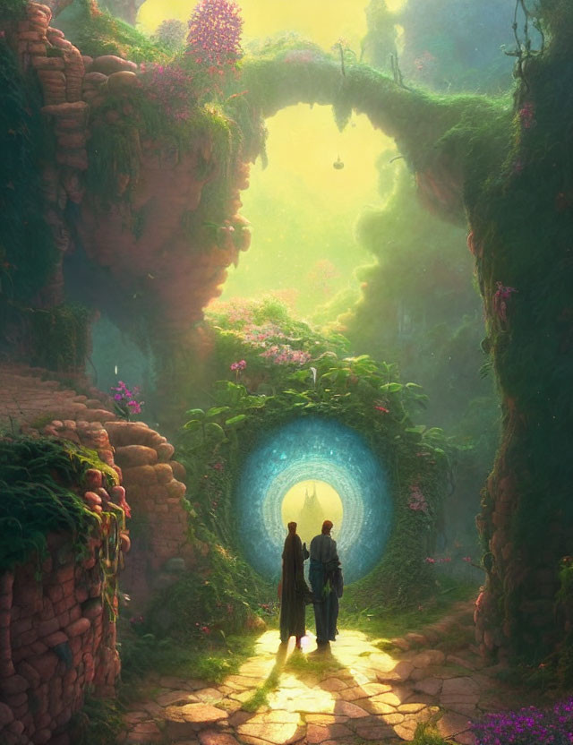 Two people at glowing portal in lush, vine-covered canyon