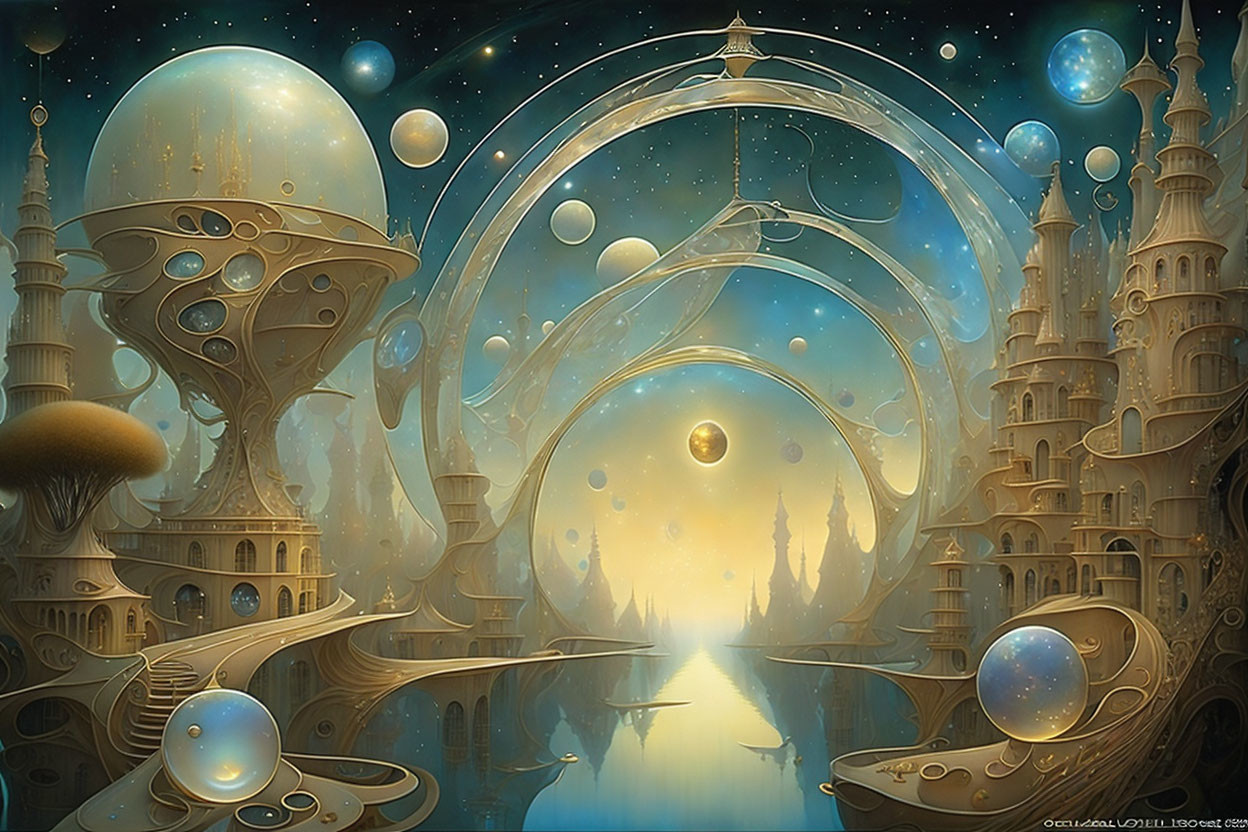 Fantastical cityscape with ornate buildings and celestial sky