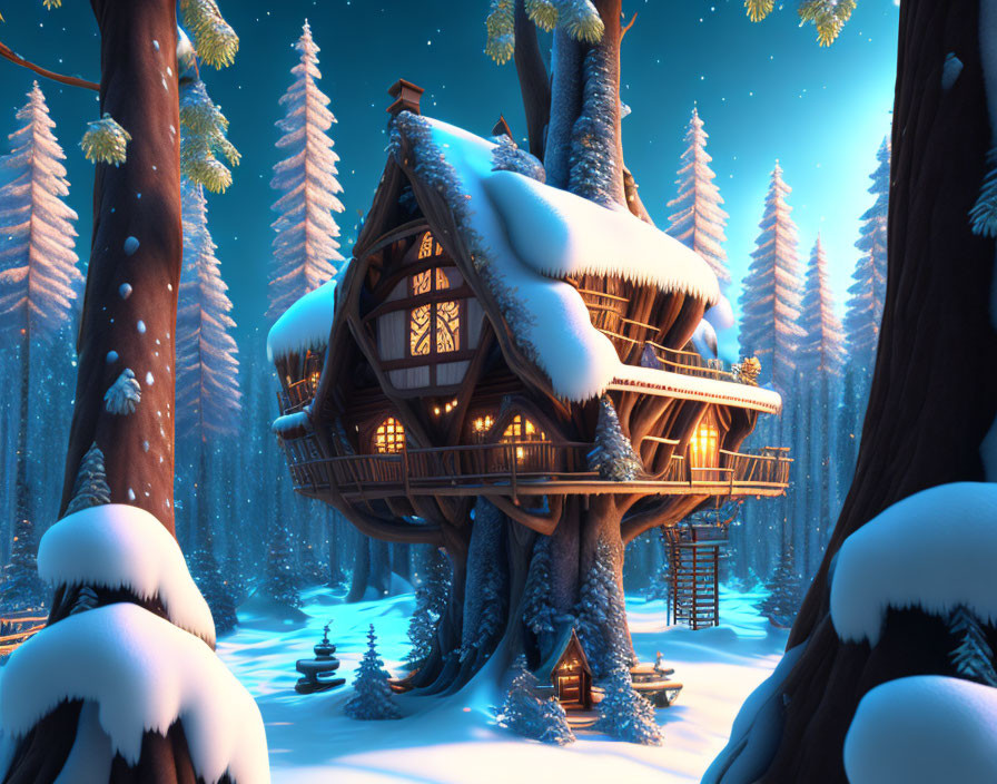 Enchanting treehouse with glowing windows in snowy forest