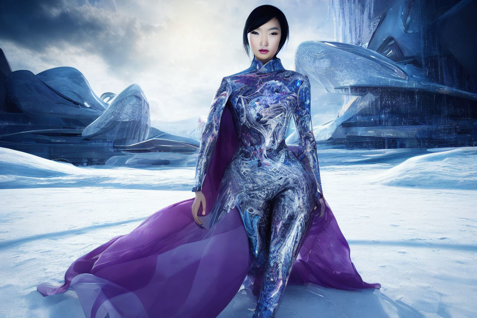 Futuristic warrior in metallic suit with purple fabric in snowy landscape