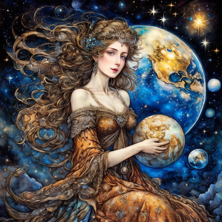 Fantasy illustration of woman with flowing hair holding globe in regal attire against cosmic backdrop