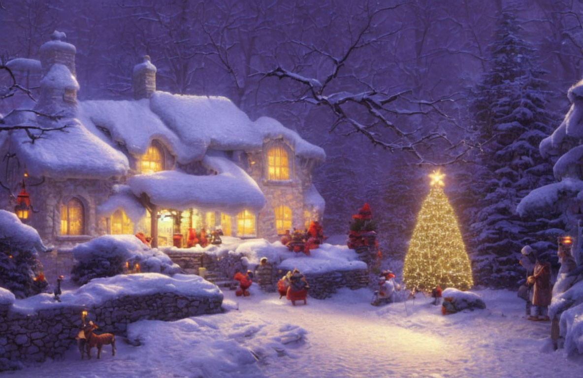 Snow-covered cottage with Christmas tree and warm lights in serene winter scene