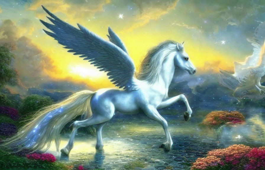 White-winged pegasus galloping in fantasy landscape