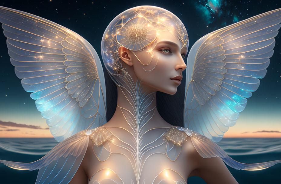 Ethereal being with translucent wings and glowing headdress in twilight sky