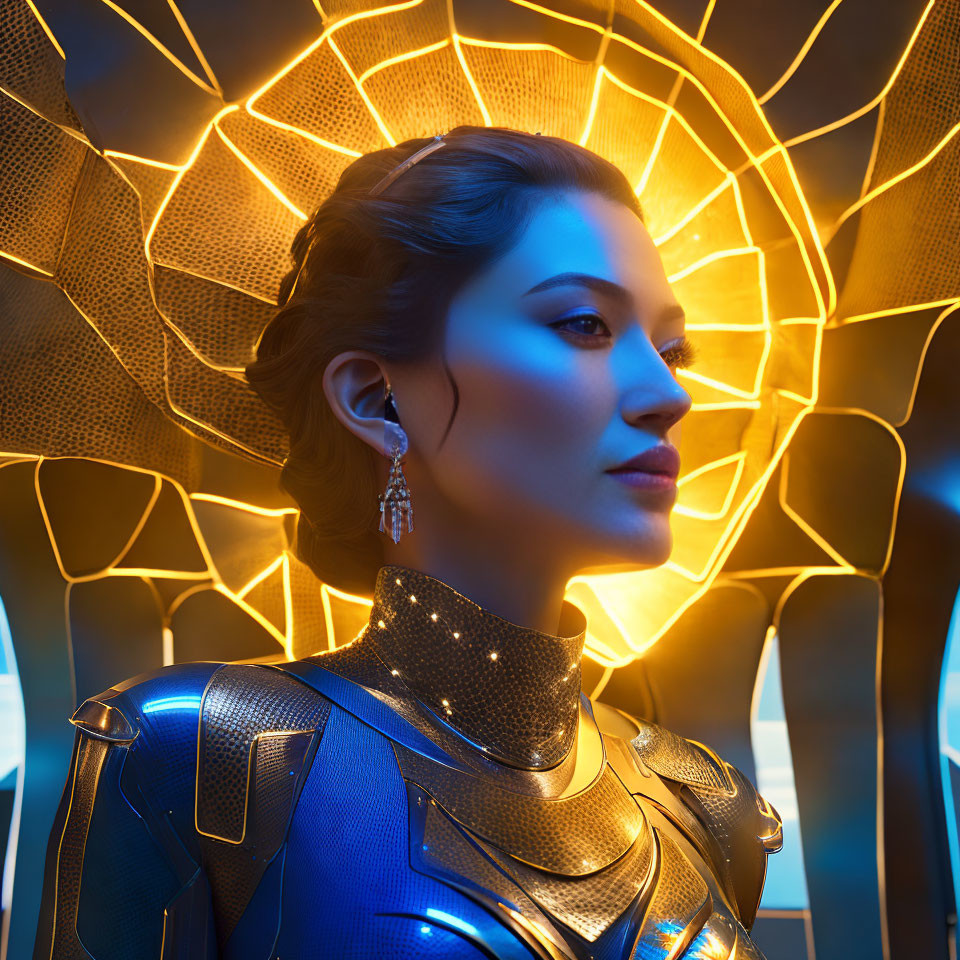 Futuristic woman in blue armor with golden details on honeycomb backdrop