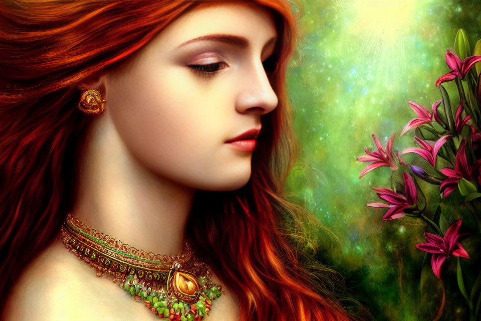 Profile of woman with red hair and green jewelry against soft glowing background with pink flowers.