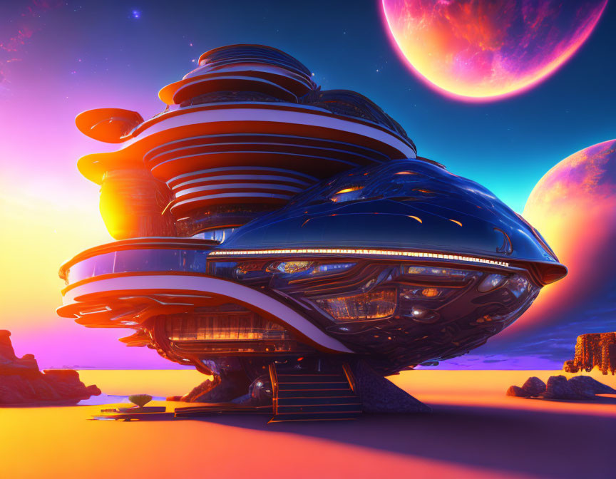 Futuristic multi-level building against surreal sunset sky with large planets.