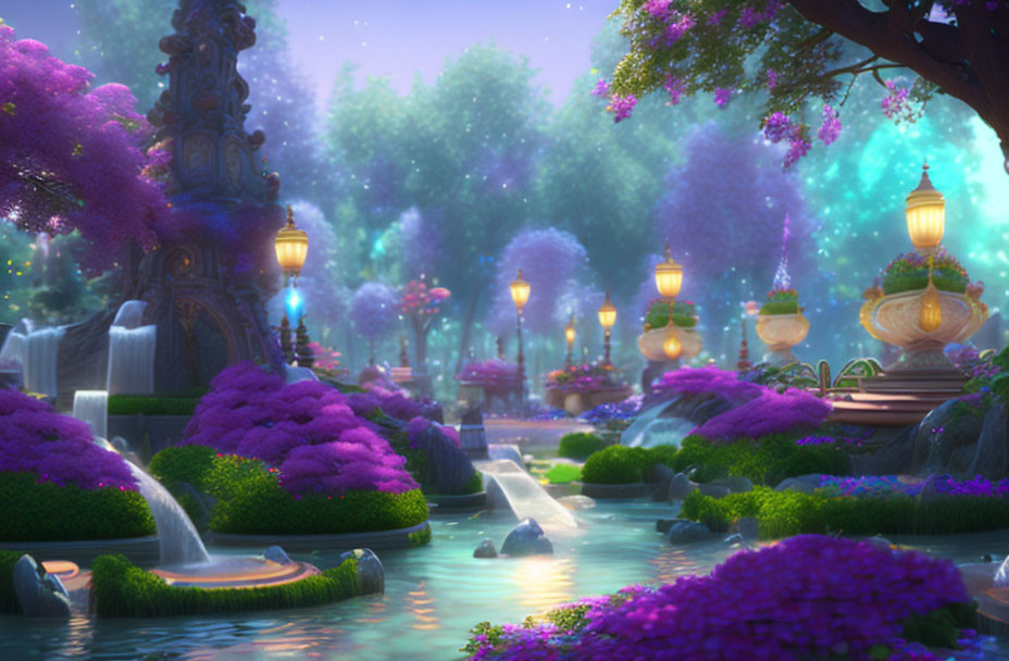 Serene garden with purple foliage, waterfalls, lampposts, and river