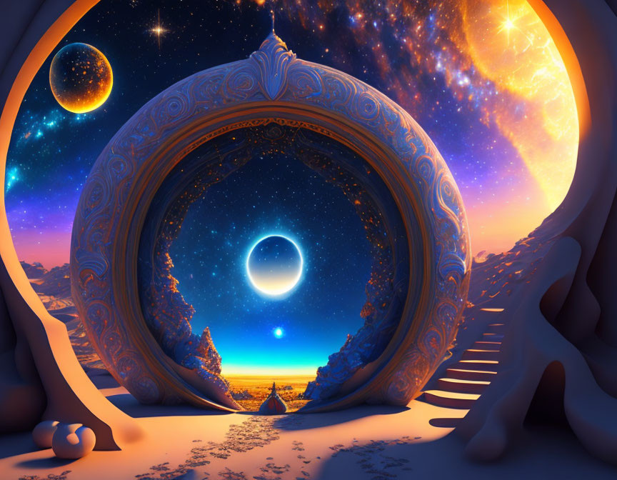 Circular portal reveals vibrant alien landscape with staircase under starry sky