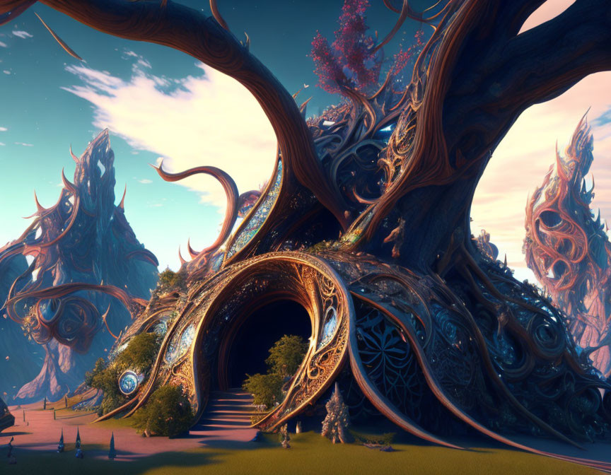 Ornate twisting tree in fantastical landscape with alien plants under azure sky