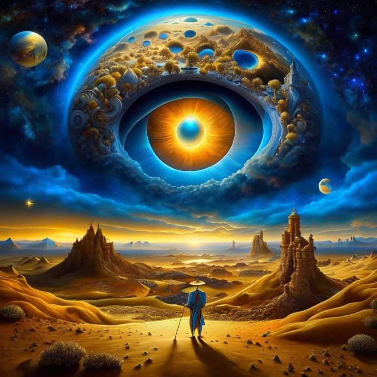 Surreal landscape with cloaked figure and cosmic portal