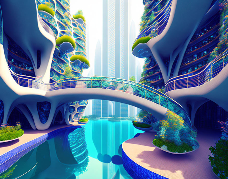 Organic architecture in futuristic cityscape with greenery and waterway