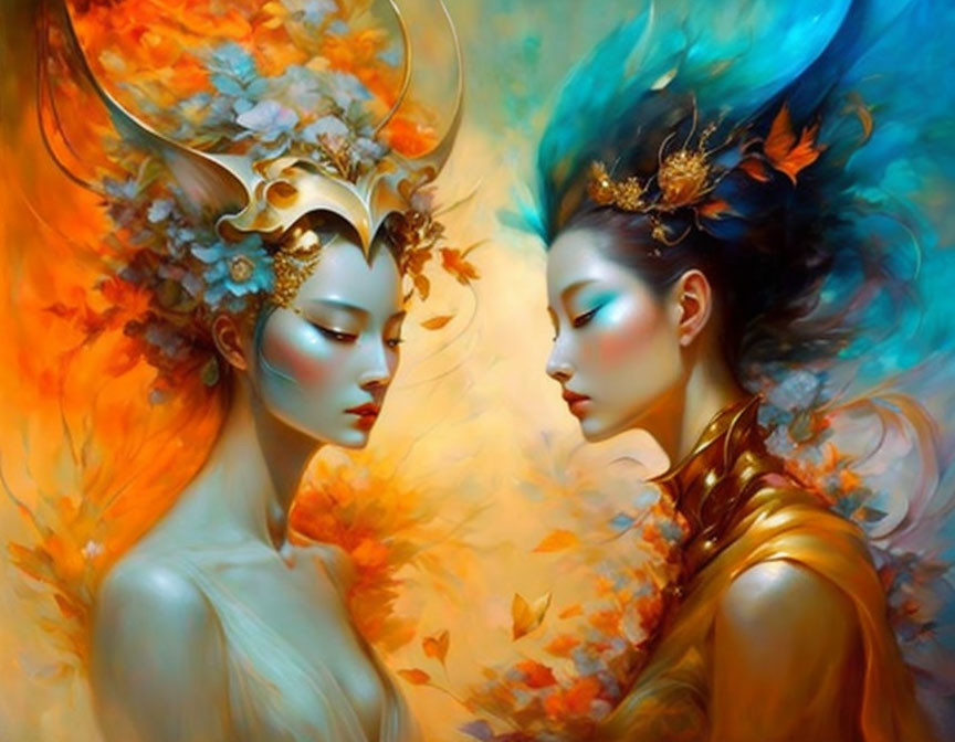 Ethereal beings with ornate headpieces in autumn setting