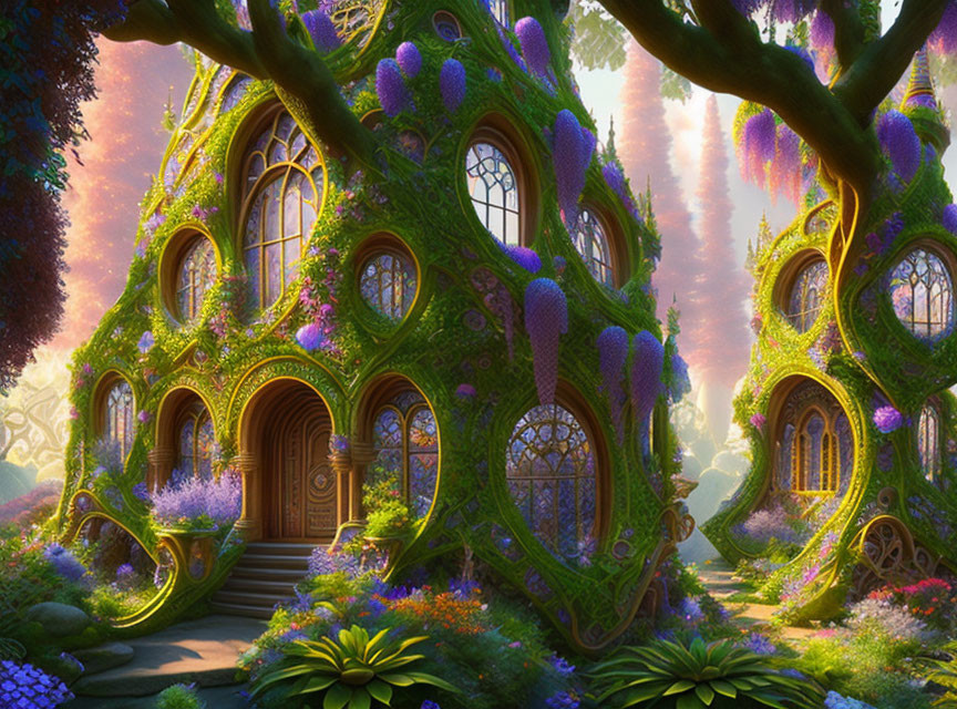 Whimsical treehouses in fantasy forest with purple flora