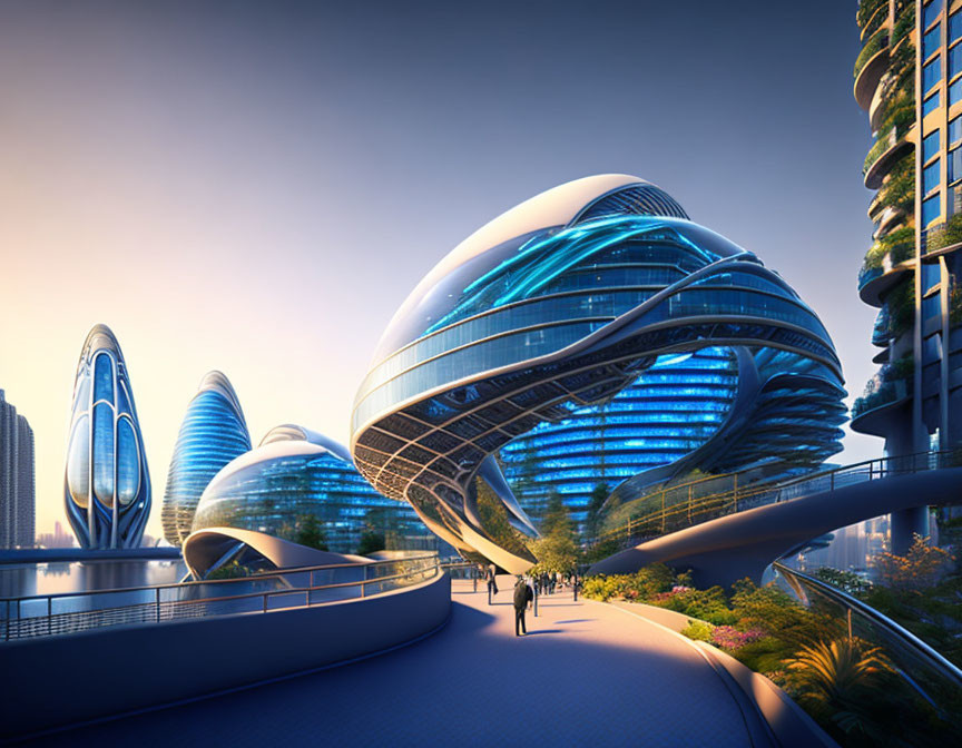 Sleek oval-shaped buildings in futuristic cityscape at twilight