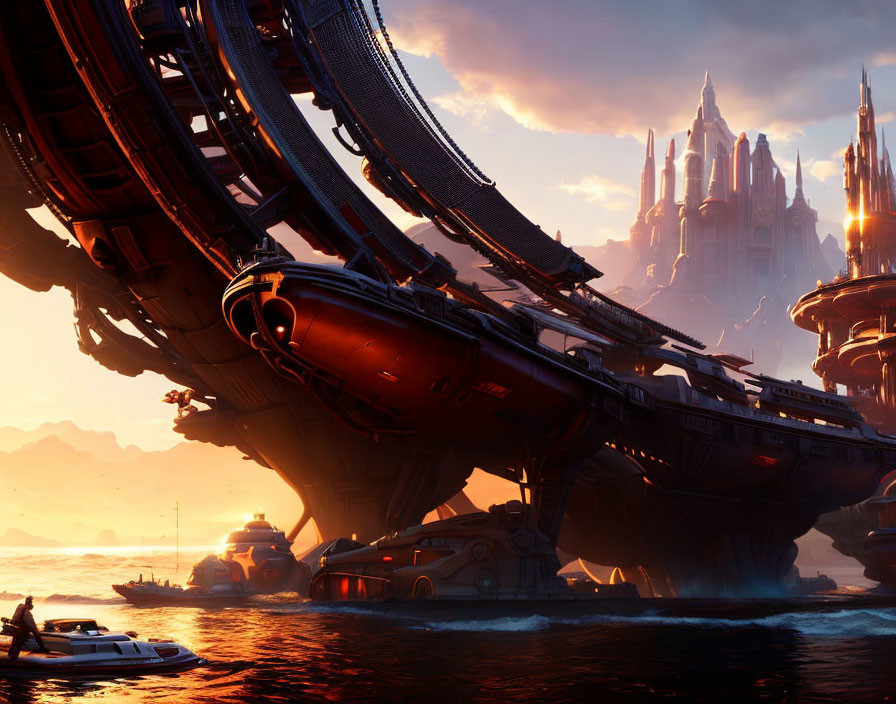 Futuristic city skyline with towering spires and advanced ships at sunset