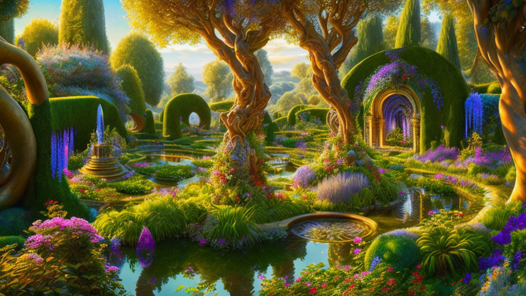 Lush Fantasy Garden with Colorful Flowers and Serene Ponds