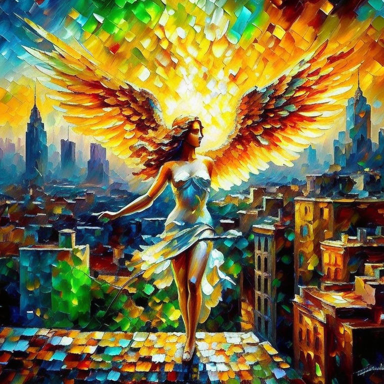 Colorful painting of angelic figure with wings in cityscape at sunrise or sunset