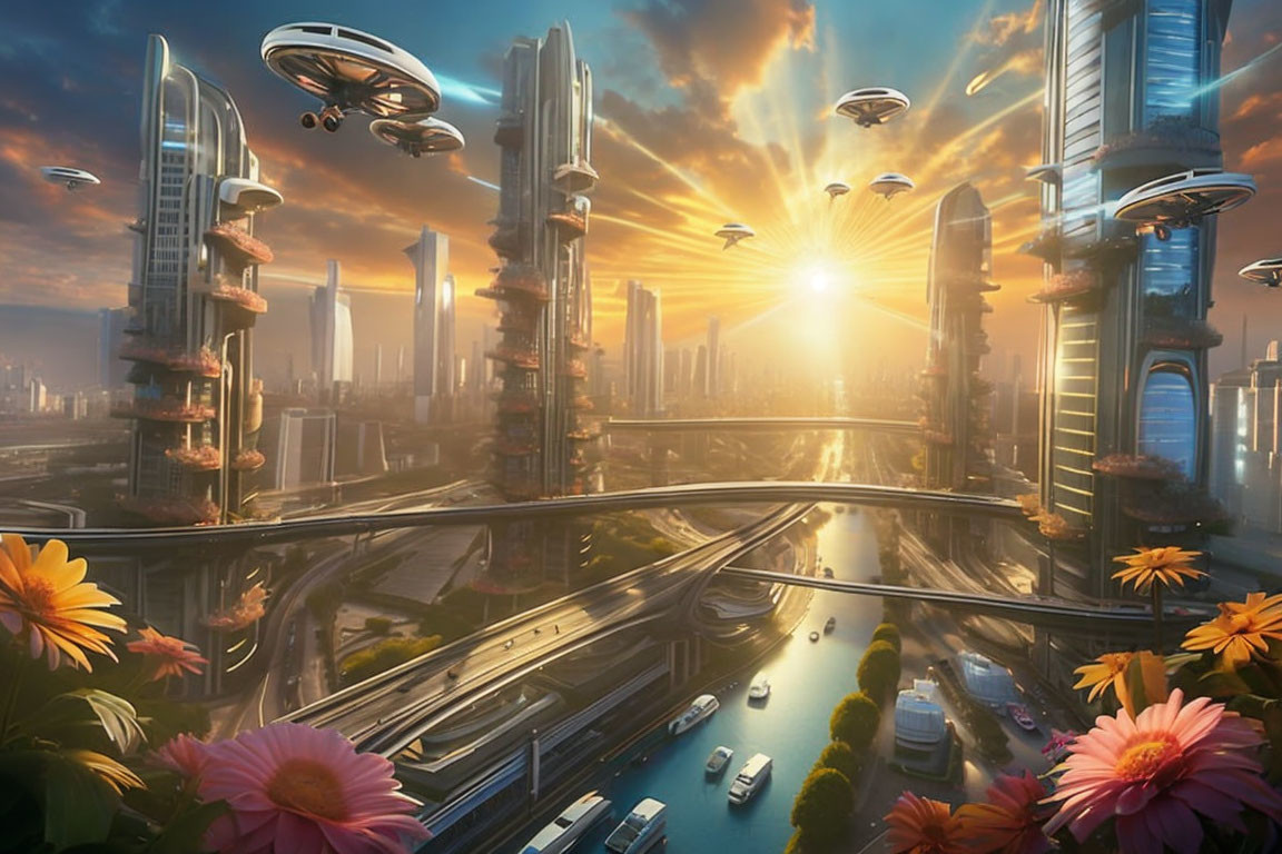 Futuristic cityscape with skyscrapers, flying vehicles, and large flowers