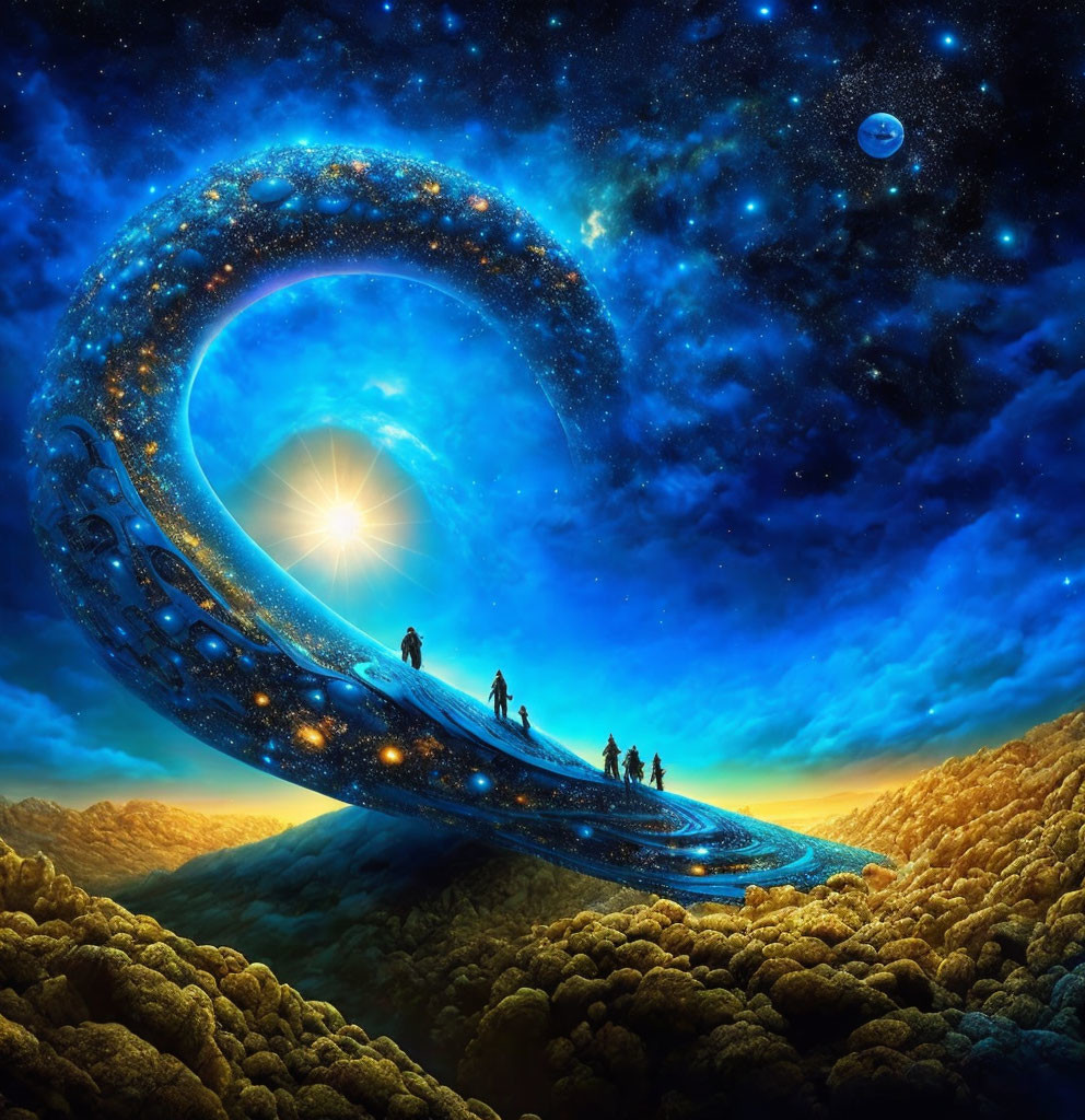 Vibrant cosmic landscape with people on spiral pathway under starry sky