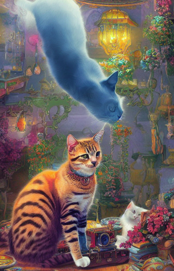 Whimsical artwork of large blue cat with smaller cats among lush flora