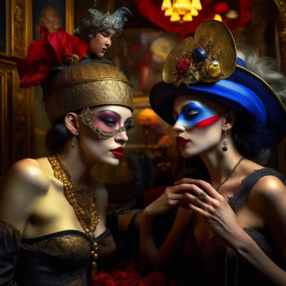 Opulent makeup and extravagant hats on three women in Baroque setting