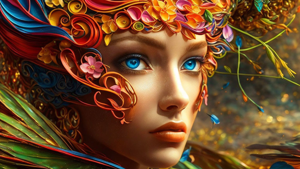 Colorful digital artwork: Woman with blue eyes, floral headdress, jewelry on golden backdrop