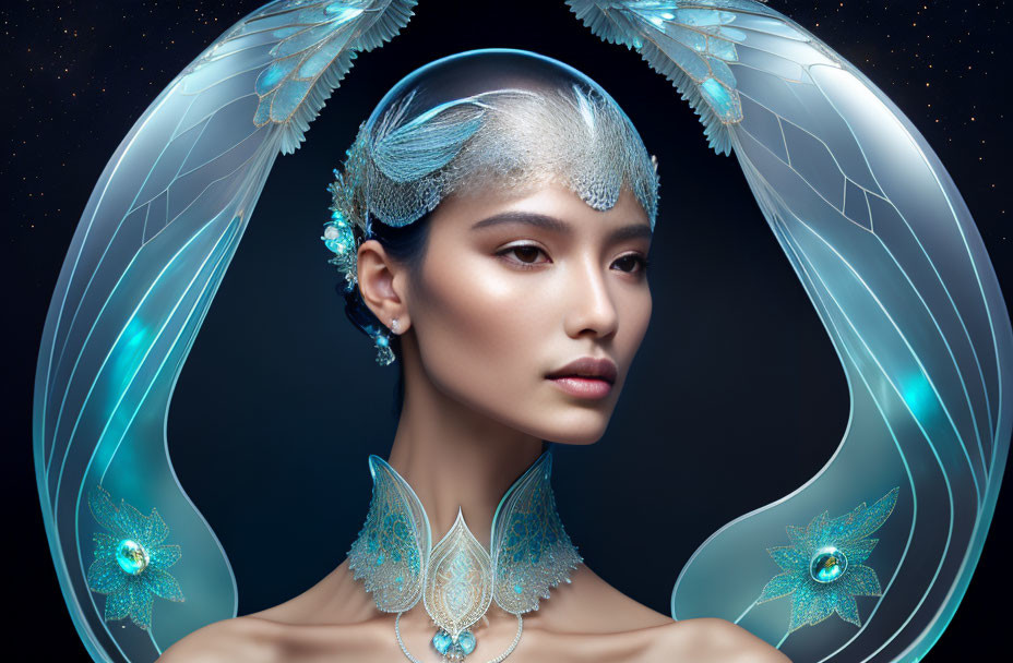 Ethereal woman with glowing wing-like accessories on dark background