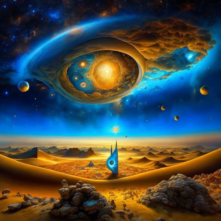 Surreal sci-fi landscape with blue wormhole, desert, futuristic structure, and cosmic sky