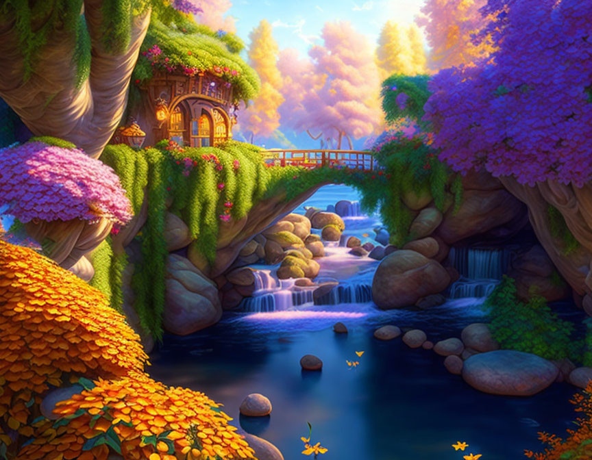 Vibrant landscape with treehouse, bridge, stream, and colorful flora