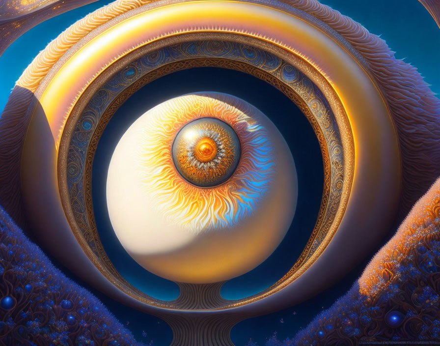 Intricate golden patterns surround giant surreal eye