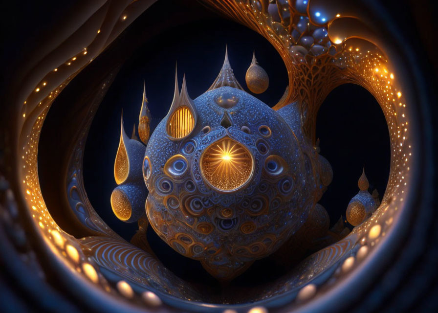 Intricate Glowing Spherical Fractal Art in Dark Background