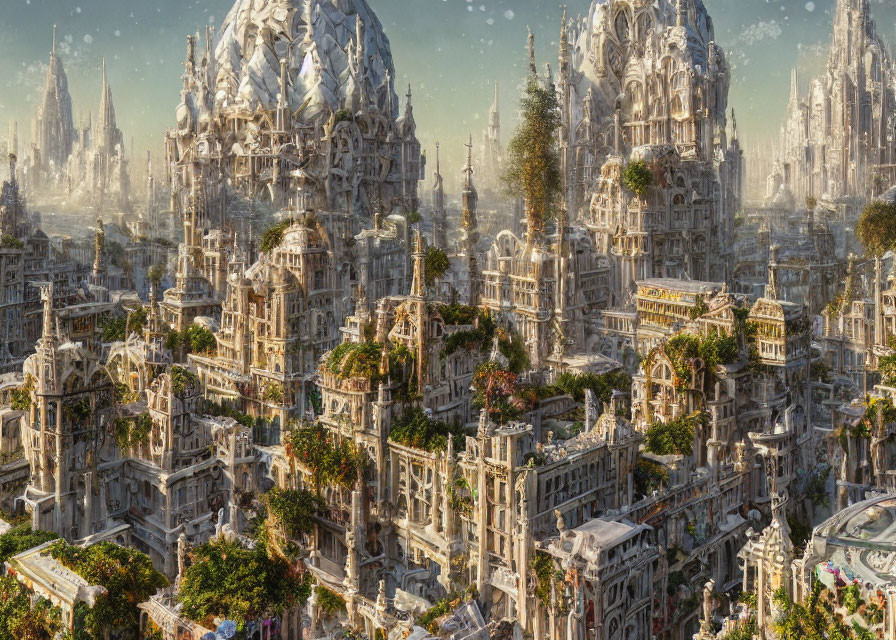 Detailed cityscape with towering ornate buildings and lush greenery under a hazy sky