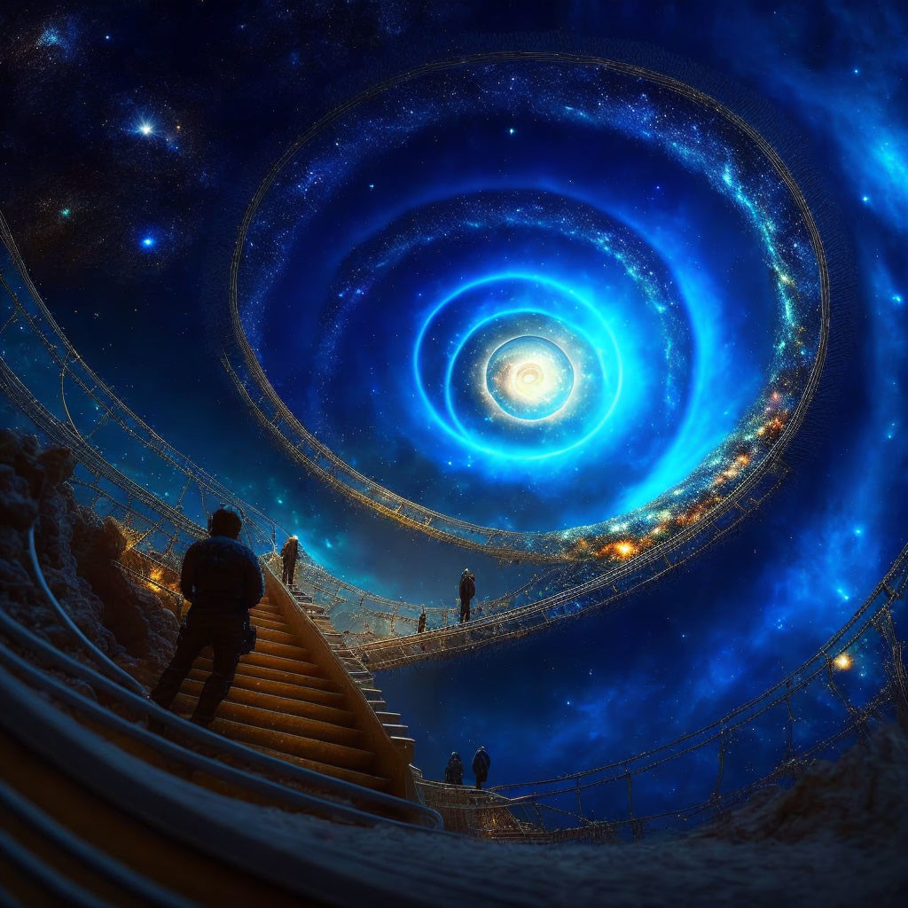 Spiral staircase with cosmic galaxy overhead