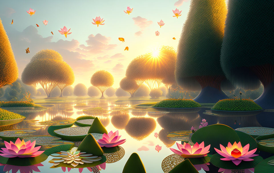 Fantastical landscape with towering trees, reflective water, lotus flowers, and glowing sunrise