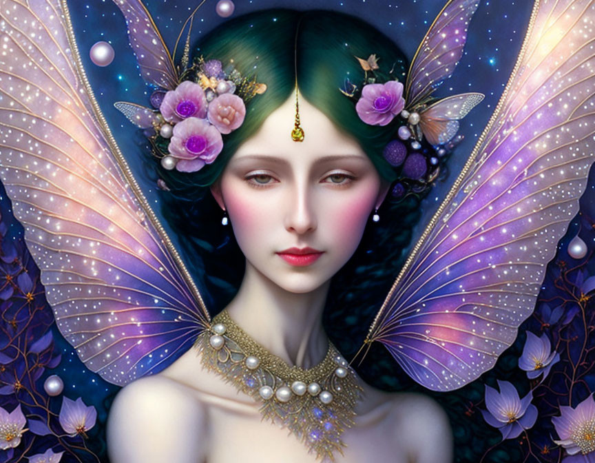 Fantastical female figure with butterfly wings, floral headpiece, glowing jewel, necklace, petals,