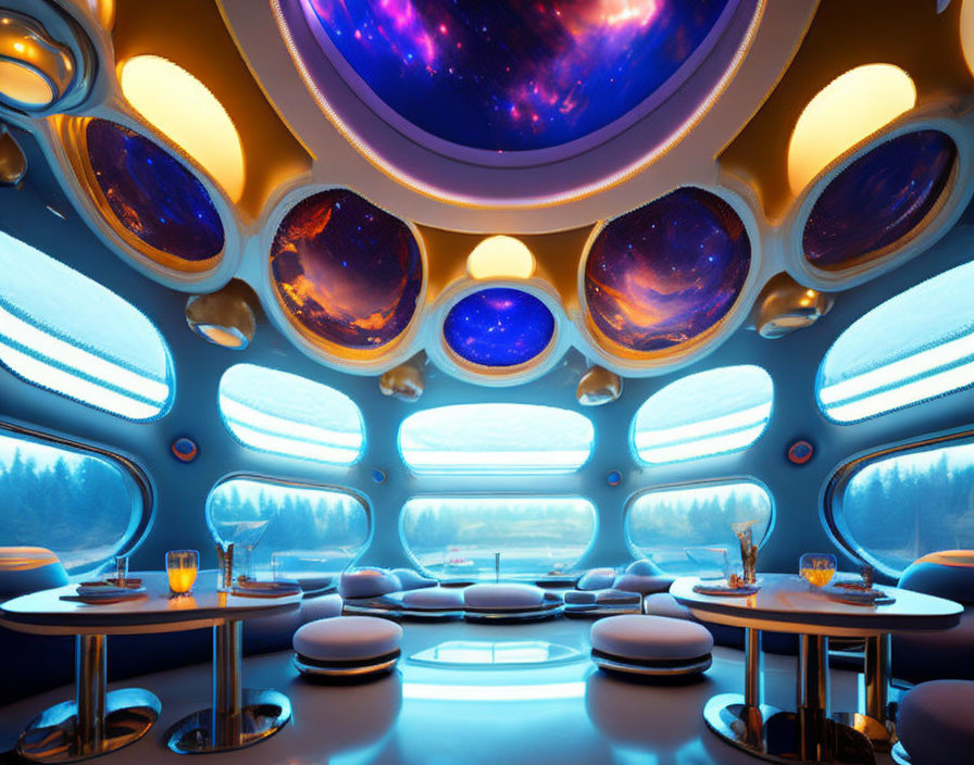 Futuristic interior with circular windows and indigo-lit ceiling